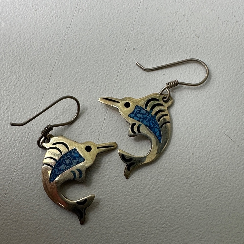 Mexico 925 Blue Dolphin Fish Hook Earrings